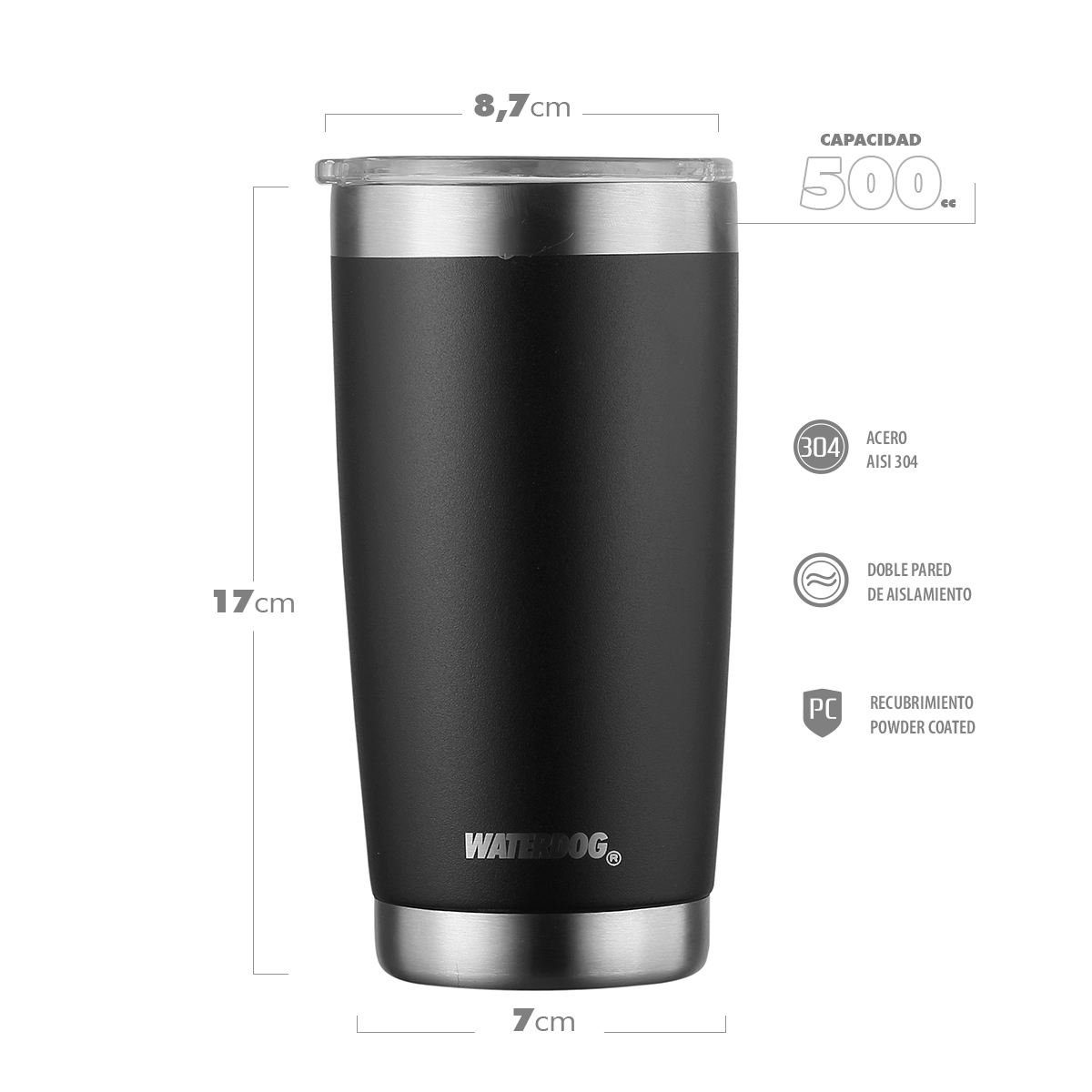 Vaso Termico Waterdog Borda Acero Inox 500cc Doble Pared