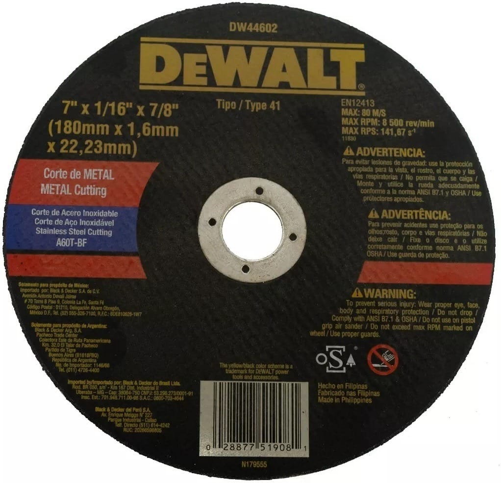 Disco De Corte Metal Dewalt Dw44602 180mmx1,6mmx22,2mm Color Negro