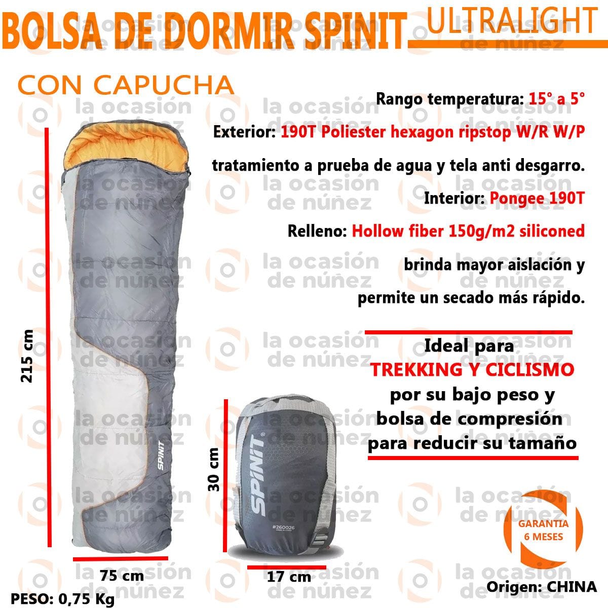Bolsa De Dormir Spinit Ultra Light 5 A 15 Grados 0,75kgs Color Gris
