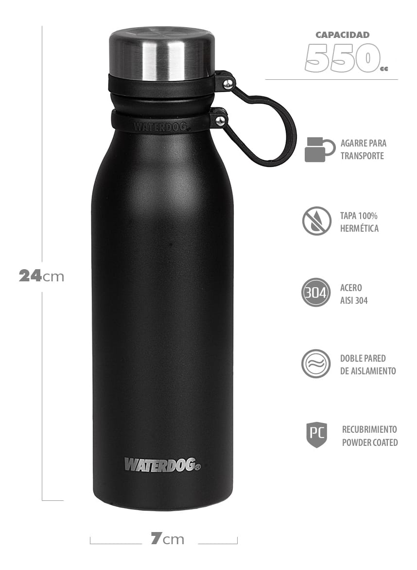 Botella Térmica Waterdog Buho 600ml Frio Calor Hermetica Color Negro