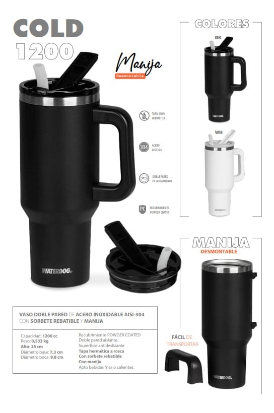 Vaso Térmico Waterdog Cold 1200ml Apto Frio Tapa Hermética Sorbete Color Negro Liso