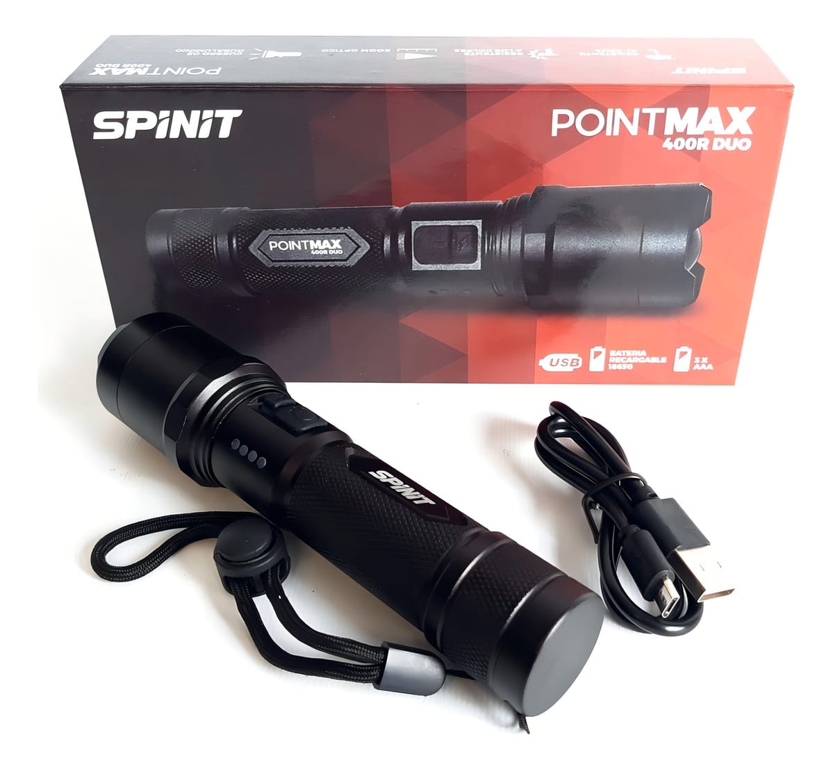 Linterna Spinit Pointmax 400r Duo Recargable Pila 400 Lumens Color De La Linterna Negro Color De La Luz Blanco