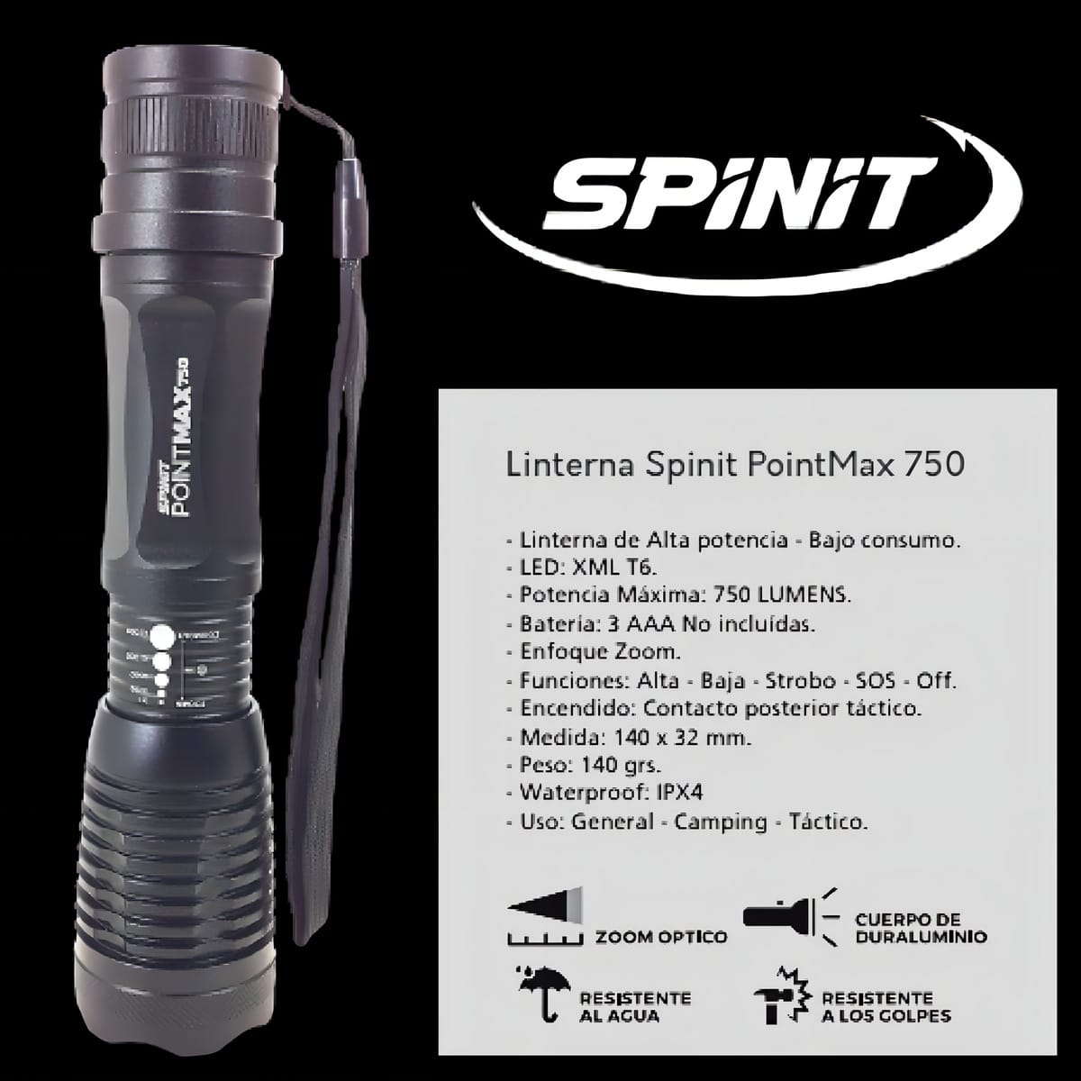 Linterna Tactica Led Spinit Pointmax 750 Lumens Zoom X2000 Color De La Linterna Negro Color De La Luz Blanco
