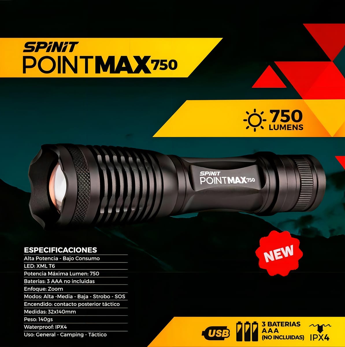 Linterna Tactica Led Spinit Pointmax 750 Lumens Zoom X2000 Color De La Linterna Negro Color De La Luz Blanco