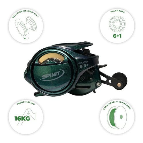 Reel Spinit Predator 7 Rulemanes 16 Kilos De Drag Color Verde Lado De La Manija Izquierdo