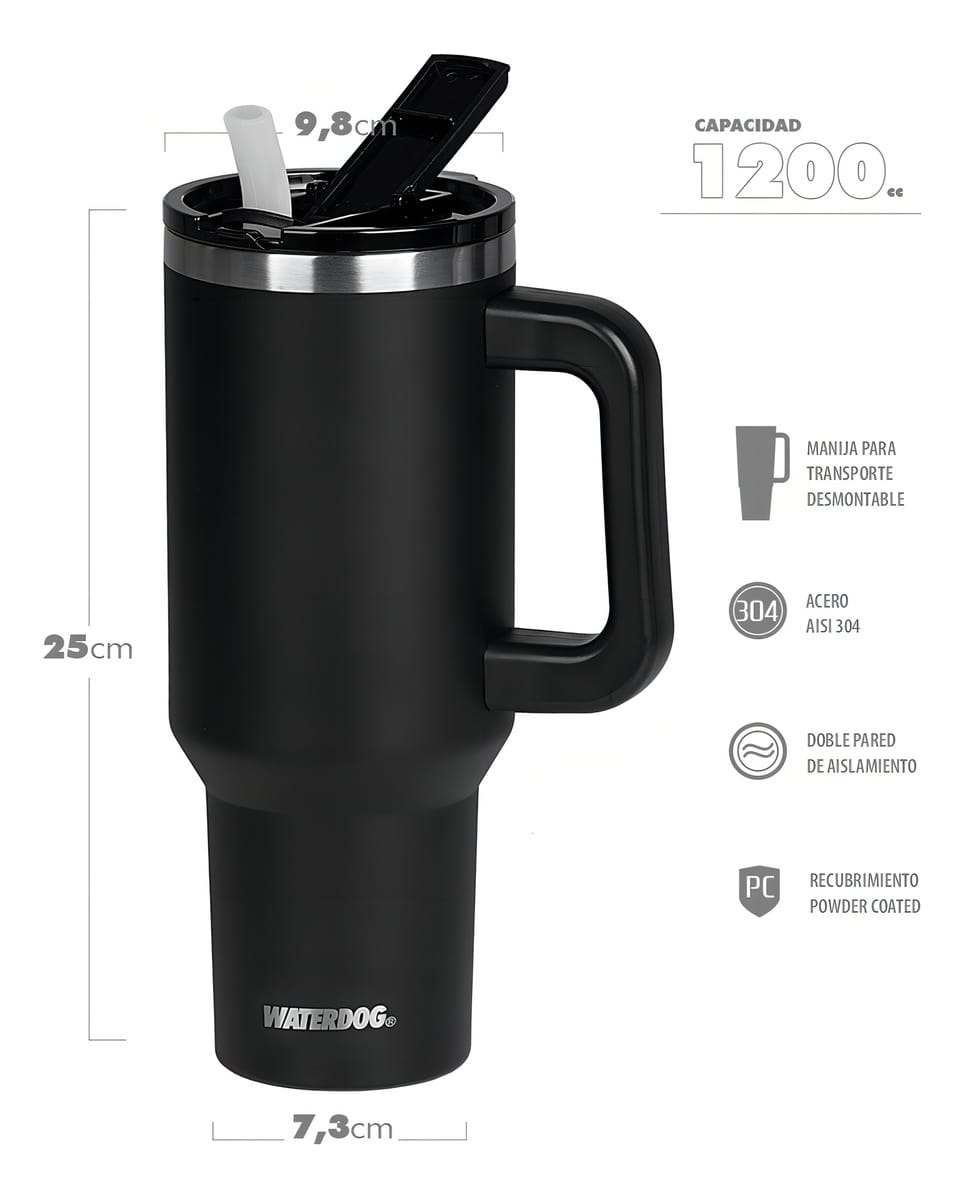 Vaso Térmico Waterdog Cold 1200ml Apto Frio Tapa Hermética Sorbete Color Negro Liso