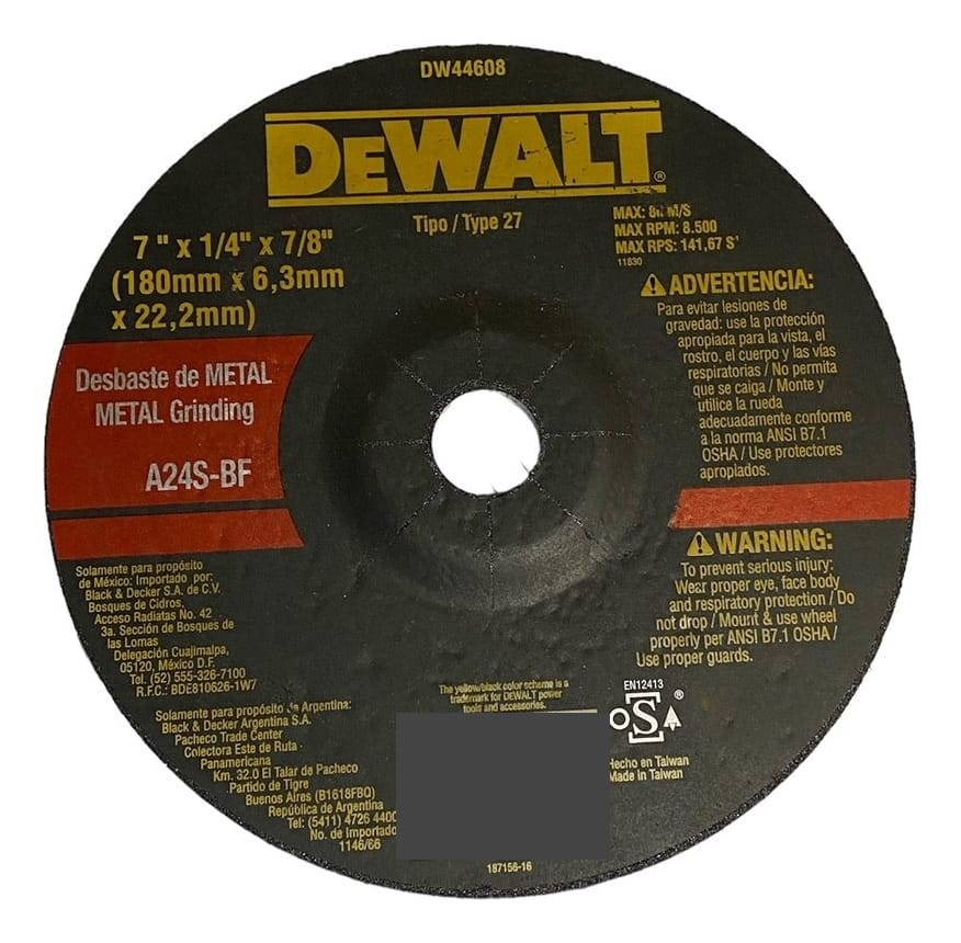 Disco Desbaste Metal Dewalt Dw44608 180mmx6,3mmx22,2mm X6un