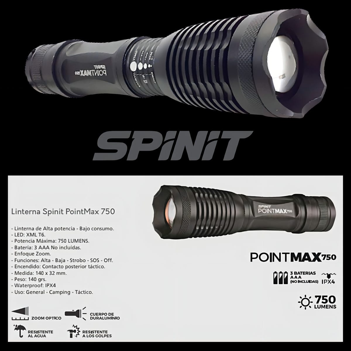 Linterna Tactica Led Spinit Pointmax 750 Lumens Zoom X2000 Color De La Linterna Negro Color De La Luz Blanco