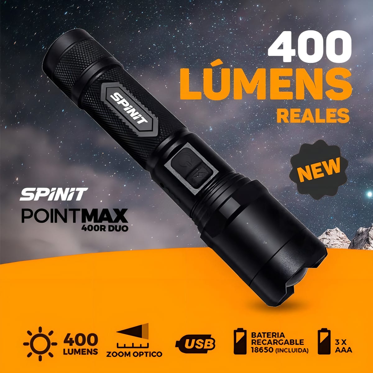 Linterna Spinit Pointmax 400r Duo Recargable Pila 400 Lumens Color De La Linterna Negro Color De La Luz Blanco
