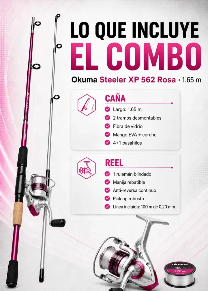Combo Caña Y Reel Okuma Steeler Xp 1,65 m 2 Tramos 40g 15 lbs 3 Colores