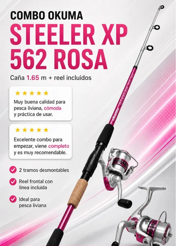 Combo Caña Y Reel Okuma Steeler Xp 1,65 m 2 Tramos 40g 15 lbs 3 Colores