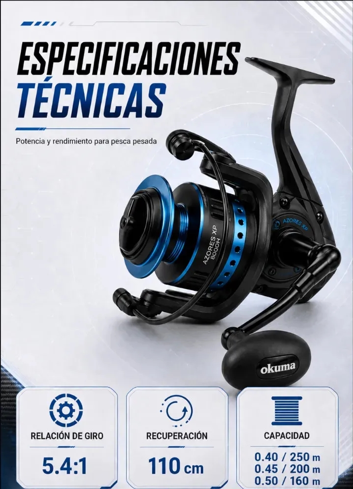 Reel Frontal Okuma Azores Zxp-8000h 7 Rulemanes 20kg De Drag