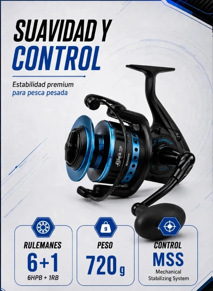Reel Frontal Okuma Azores Zxp-8000h 7 Rulemanes 20kg De Drag