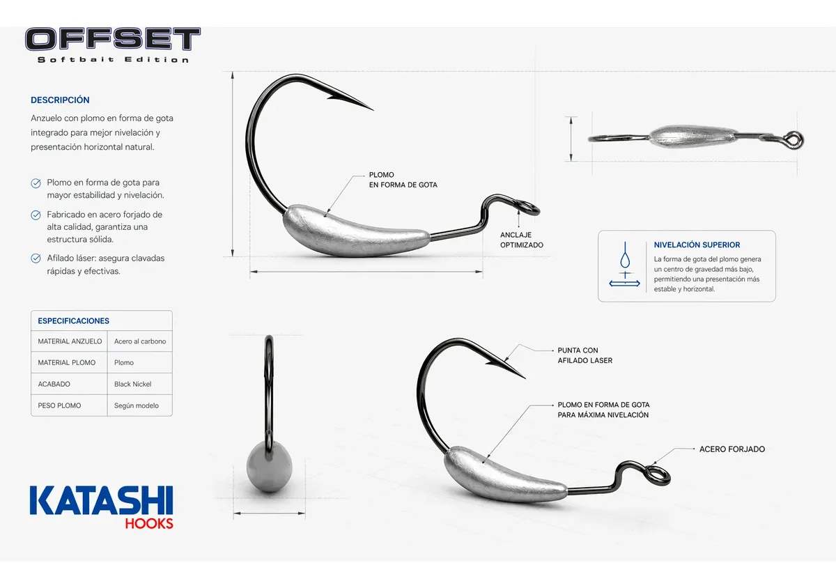 Anzuelo Katashi Worm OffSet Para Señuelos de Goma Con Peso Lastrados