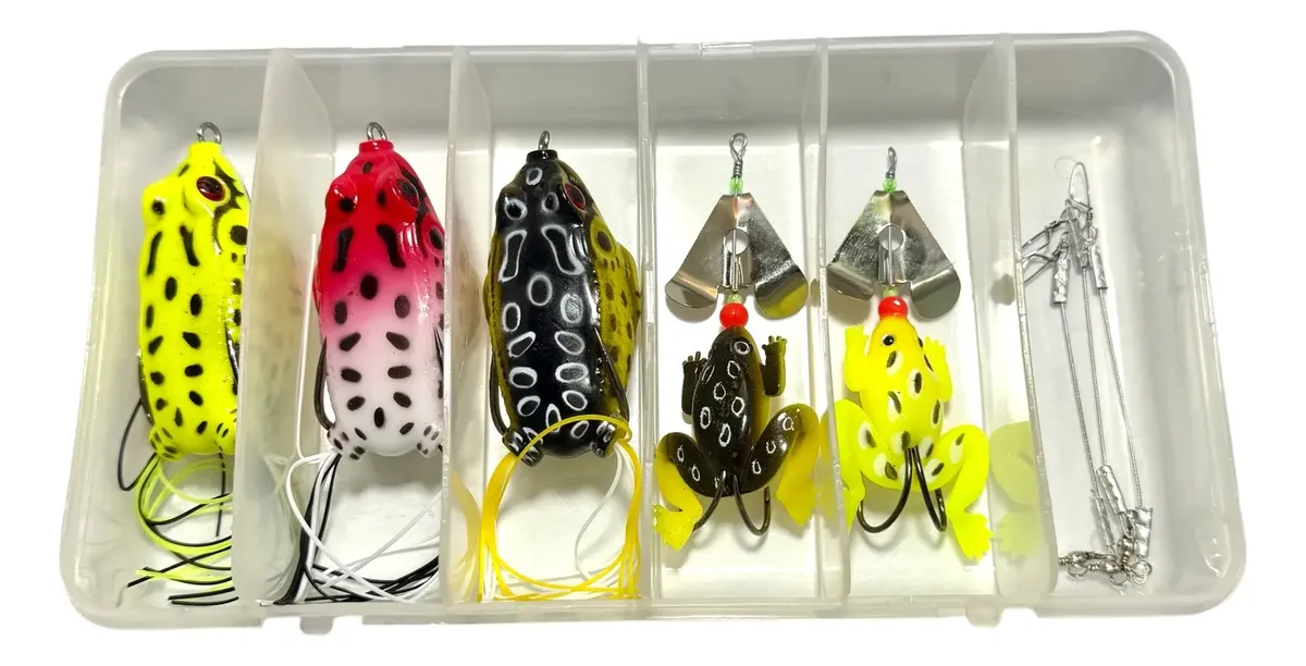 Combo Kit Señuelos Waterdog Caja+5 Ranas+accesorios Tararira